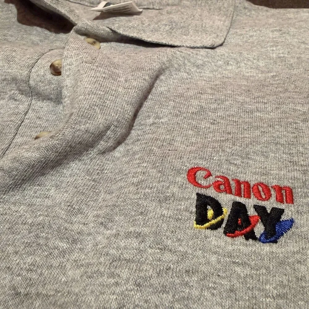 Vintage Canon Day Camera Mens Polo Shirt XL Extra Large Gray 1990s Cotton Deluxe